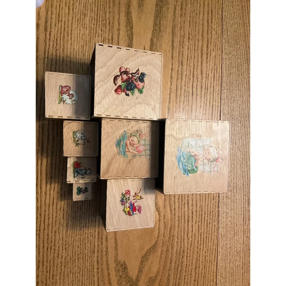 Vintage Hermann‎ Eichhord 8 Wooden Nesting Blocks Set Folk Art Character Decals